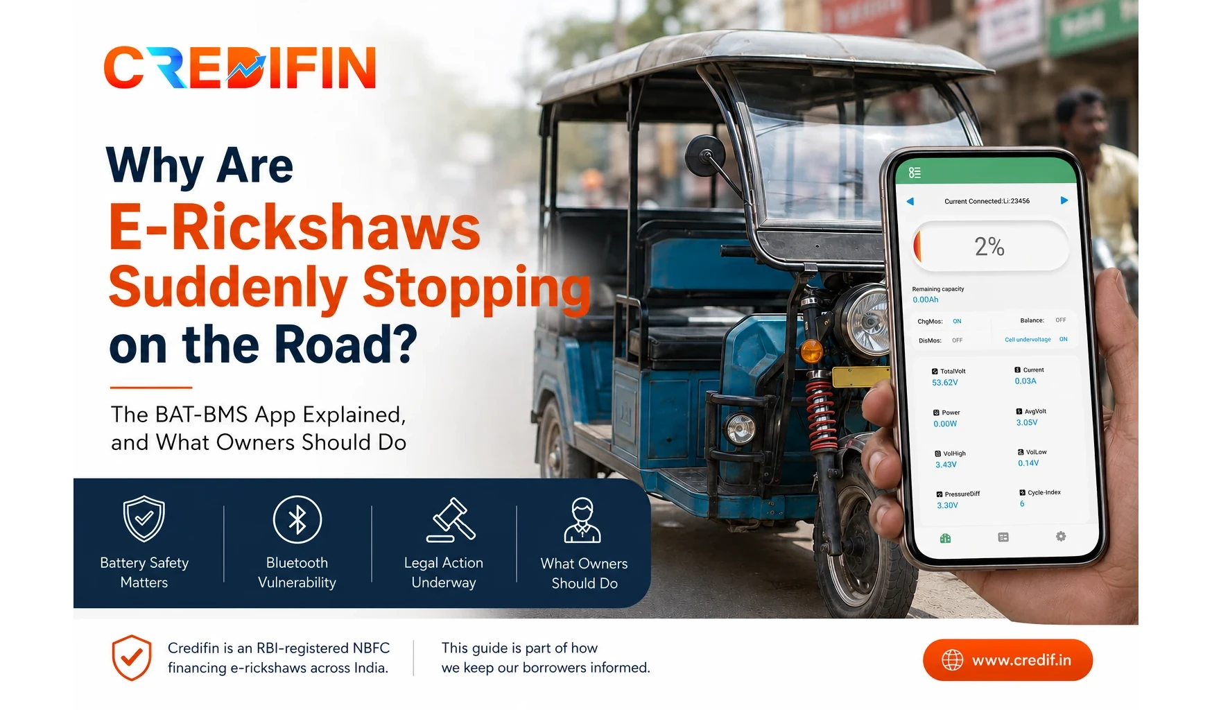 BAT-BMS app e-rickshaw explained — why e-rickshaws are suddenly stopping mid-road in India and what owners should do about the Bluetooth battery shutdown misuse