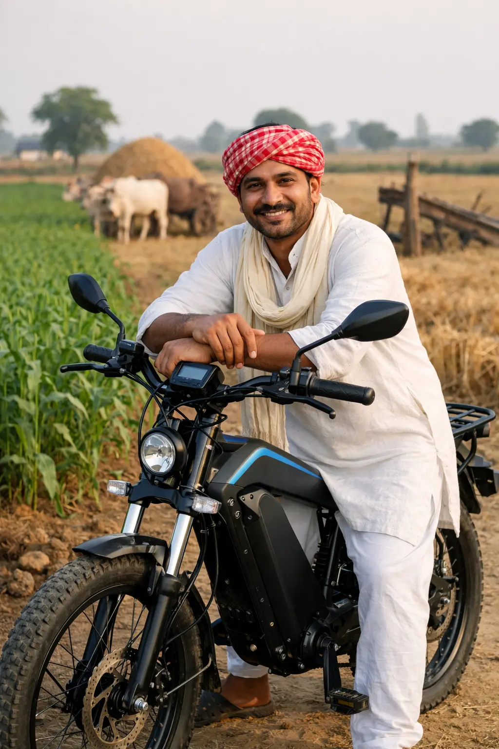 Man with electric bike in rural India — EV two-wheeler loan 2026