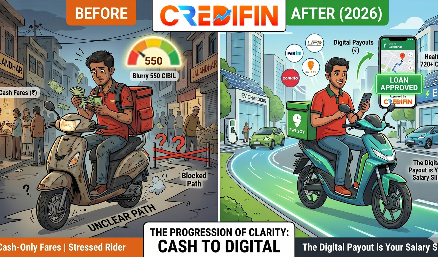 CIBIL score for EV loan India — credit score gauge dial showing band-by-band rates from 600 to 900 for electric vehicle financing