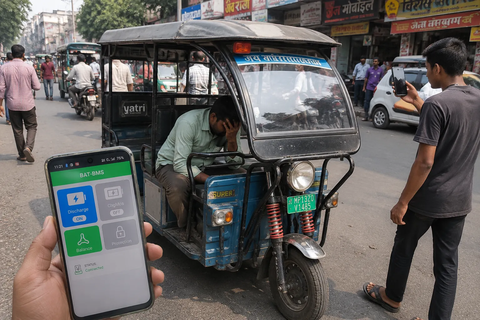 Step-by-step guide for an e-rickshaw driver whose vehicle stopped because of the BAT-BMS app — what to do right now, how to restart, and how to secure the battery Bluetooth