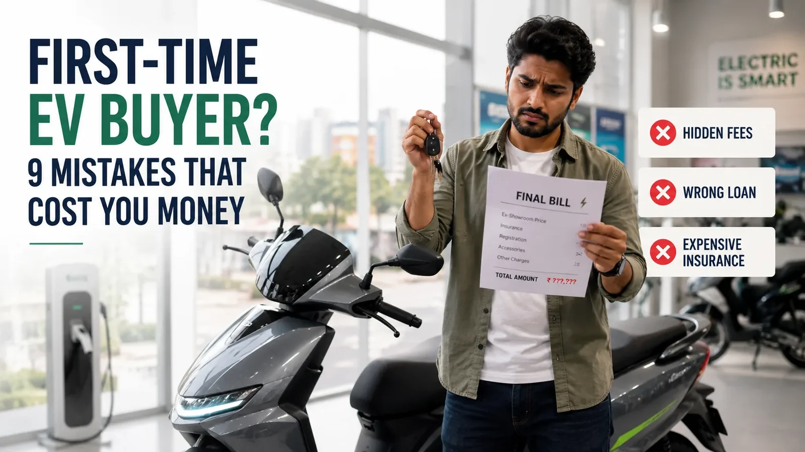 First-time EV buyer mistakes in India — dealer finance, real-world range, home charging, insurance and foreclosure traps that cost first-time electric vehicle buyers money