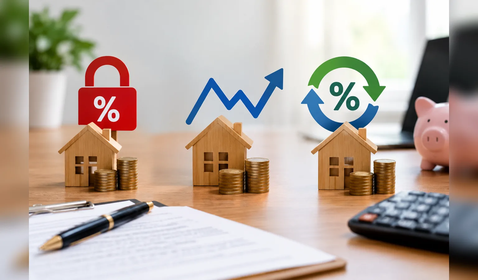 Fixed, floating and hybrid home loan rates shown as three model houses with coin stacks: a locked red percentage sign, a rising blue arrow and a green and blue reversing cycle