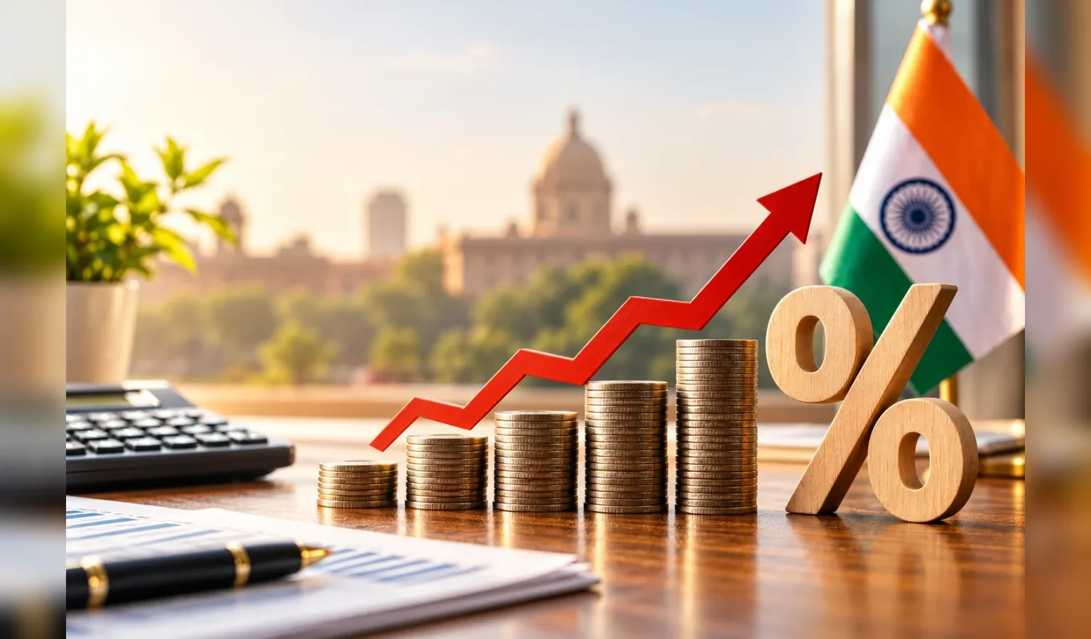 Is inflation causing interest rates to rise in India — rising stacks of coins and a red upward arrow beside a wooden percentage sign and the Indian flag