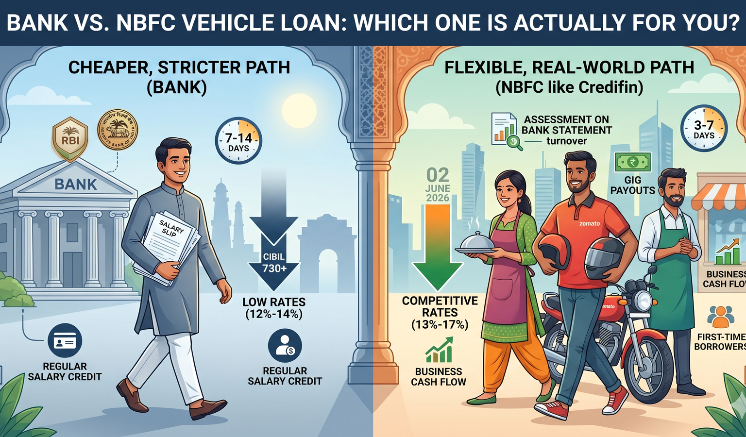 Bank vs NBFC vehicle loan India — comparison of bank and NBFC lender doors with borrower deciding which to walk through based on profile