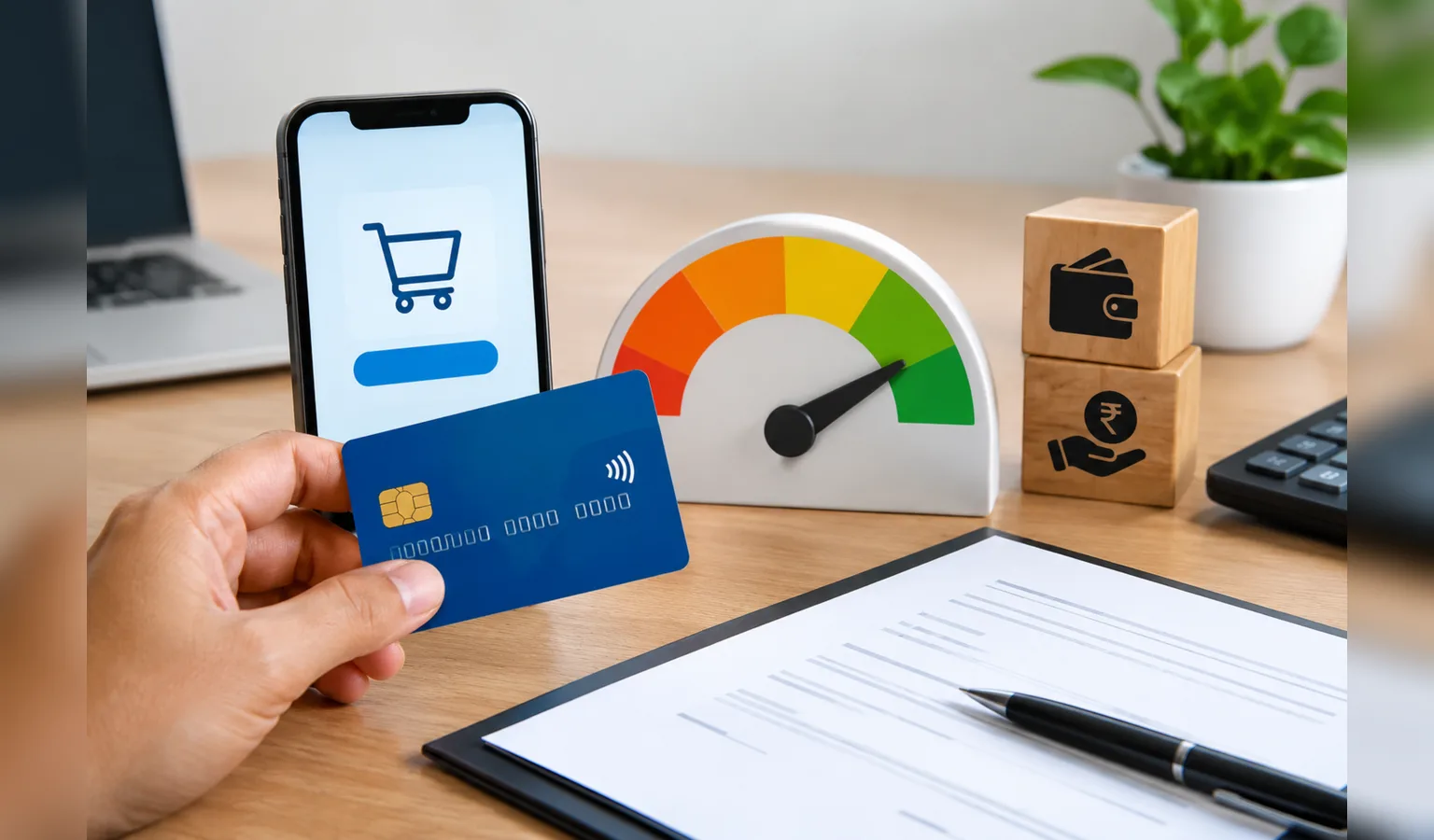 A hand holding a credit card beside a shopping app on a phone and a credit score gauge, showing how pay later and consumer loans reach your CIBIL report