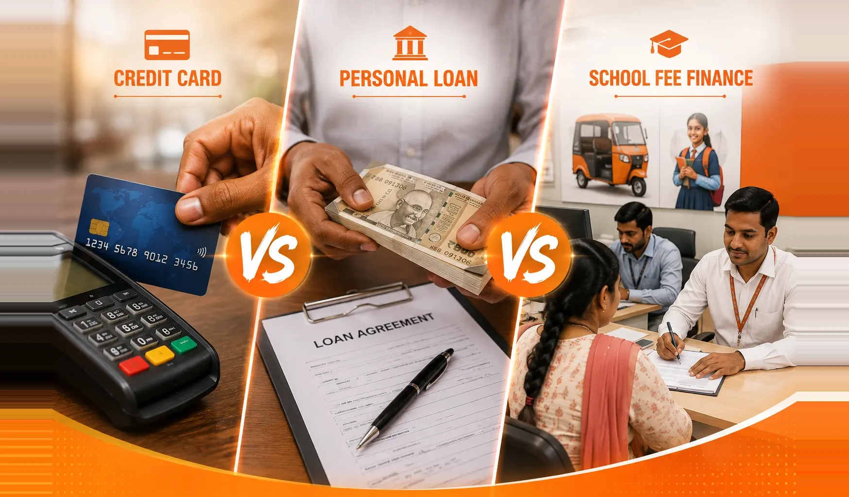 School fee finance vs personal loan vs credit card — comparing the real cost of each way to pay a big annual school fee in India
