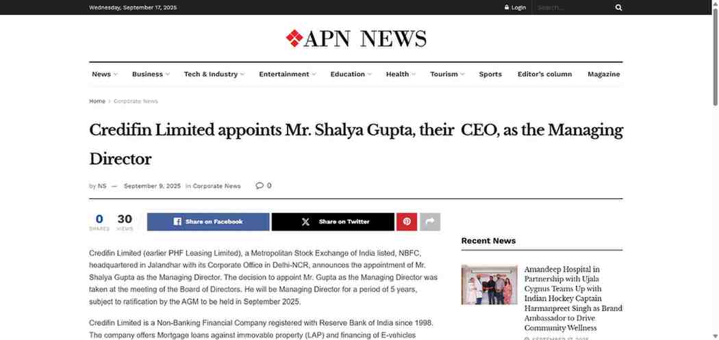 APN News — Credifin appoints Shalya Gupta as Managing Director