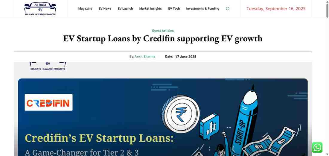 Press coverage by EV Startup Loans by Credifin supporting EV growth