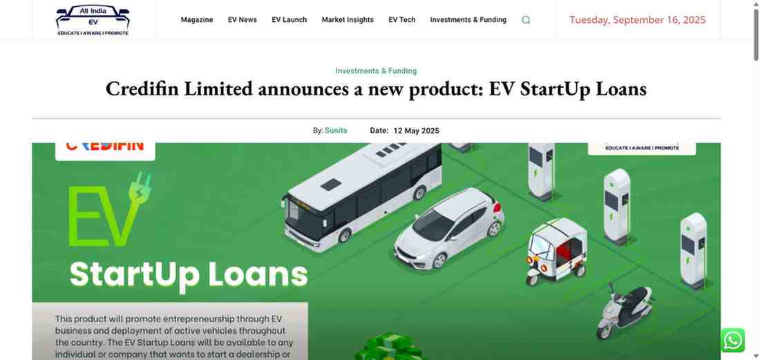 Press coverage by Credifin Limited announces a new product: EV StartUp Loans