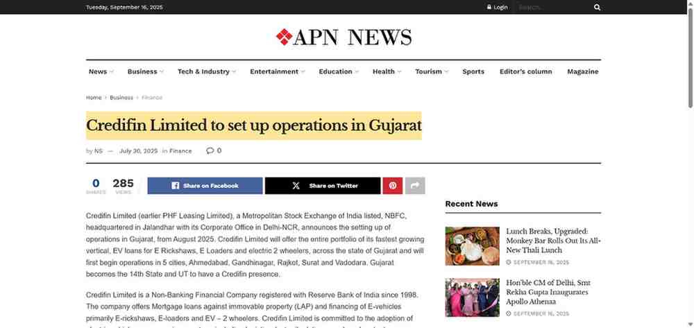 Press coverage by Credifin Limited to set up operations in Gujarat