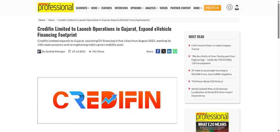 Press coverage by Credifin Limited to Launch Operations in Gujarat, Expand eVehicle Financing Footprint