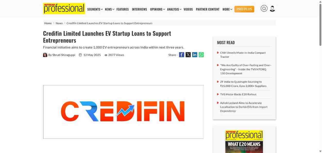 Press coverage by Credifin Limited Launches EV Startup Loans to Support Entrepreneurs