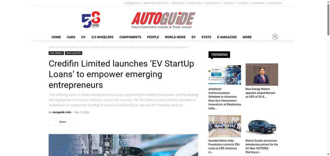 Press coverage by Credifin Limited launches ‘EV StartUp Loans’ to empower emerging entrepreneurs