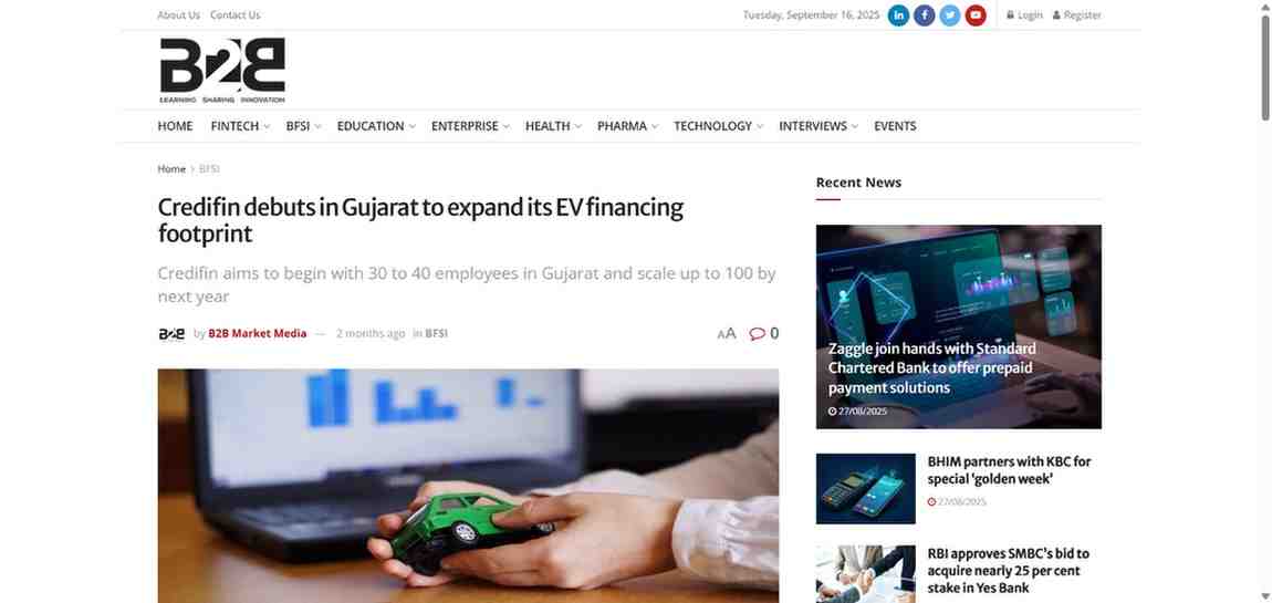 Press coverage by Credifin debuts in Gujarat to expand its EV financing footprint