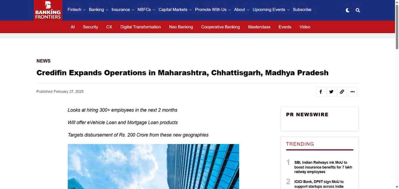Press coverage by Credifin Expands Operations in Maharashtra, Chhattisgarh, Madhya Pradesh
