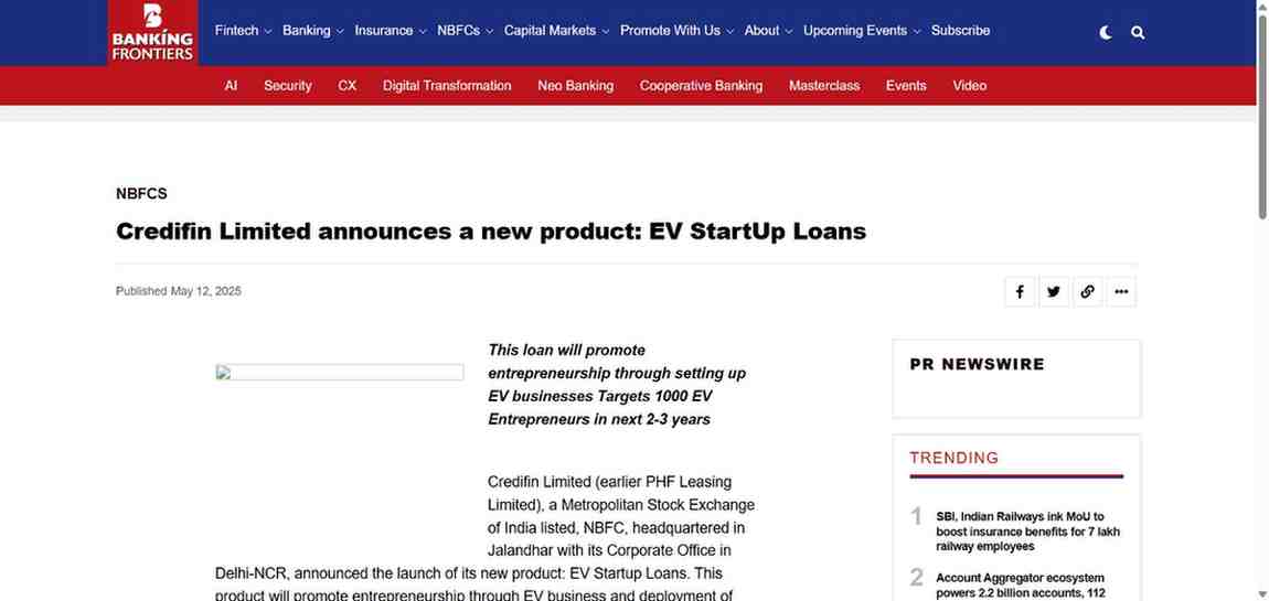 Press coverage by Credifin Limited announces a new product: EV StartUp Loans