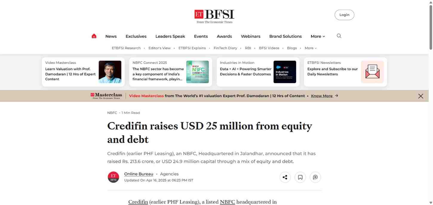 Press coverage by Credifin raises USD 25 million from equity and debt