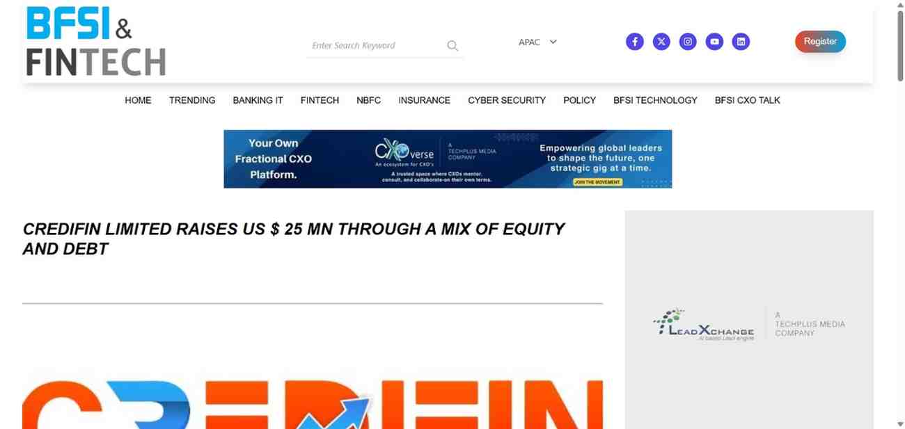 Press coverage by Credifin Limited raises US $ 25 Mn through a mix of equity and debt