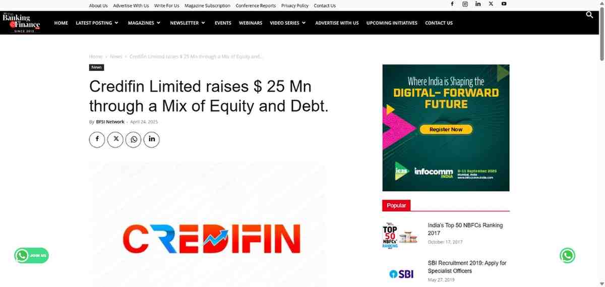 Press coverage by Credifin Limited raises $ 25 Mn through a Mix of Equity and Debt.
