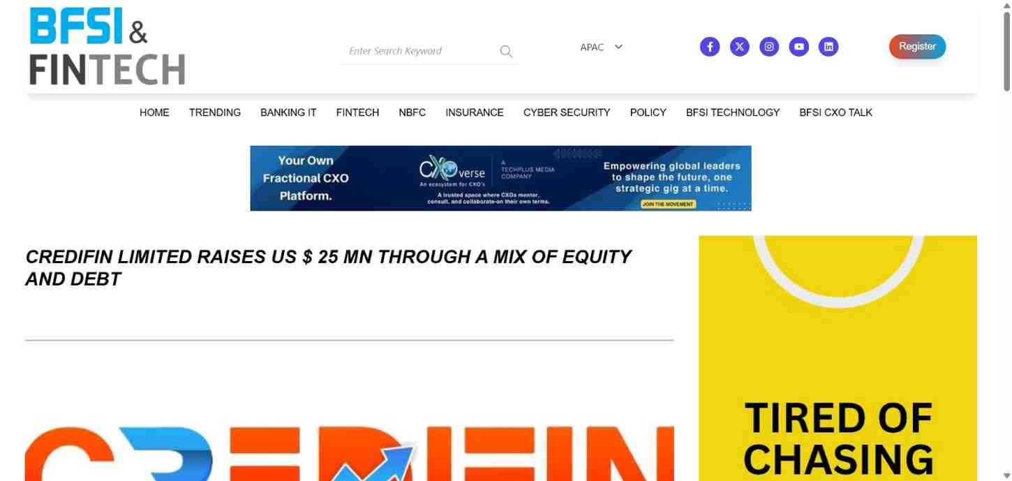 Press coverage by Credifin Limited raises US $ 25 Mn through a mix of equity and debt