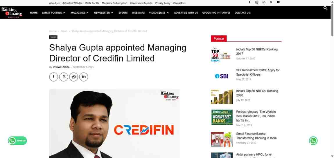 Press coverage by Shalya Gupta appointed Managing Director of Credifin Limited