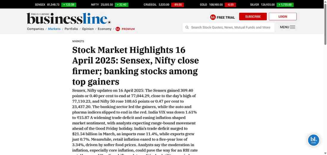 Press coverage by Stock Market Highlights 16 April 2025: Sensex, Nifty close firmer; banking stocks among top gainers
