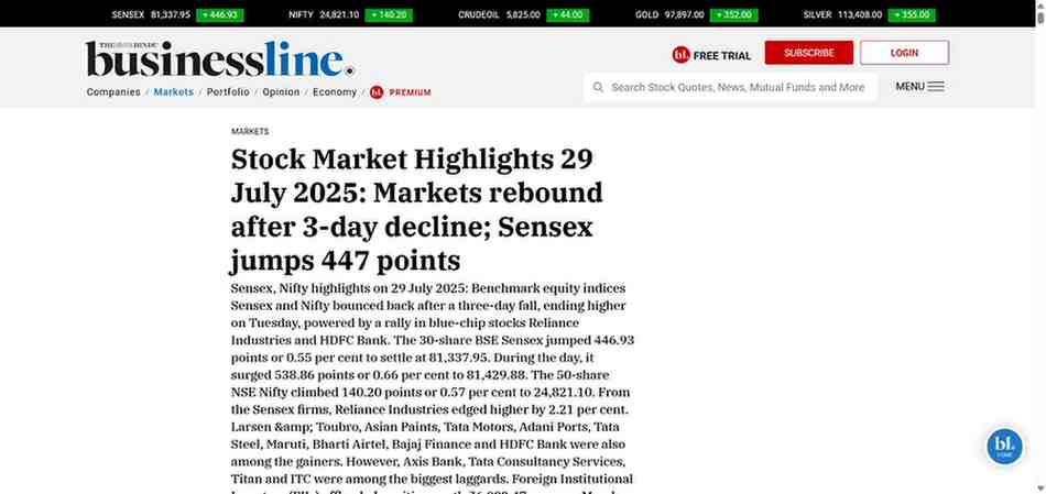 Press coverage by Stock Market Highlights 29 July 2025: Markets rebound after 3-day decline; Sensex jumps 447 points