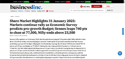 Press coverage by Share Market Highlights 31 January 2025: Markets continue rally as Economic Survey predicts pro-growth Budget; Sensex leaps 740 pts to close at 77,500, Nifty ends above 23,500