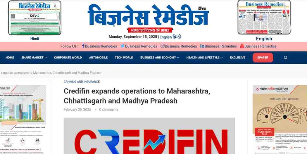 Press coverage by Credifin expands operations to Maharashtra, Chhattisgarh and Madhya Pradesh