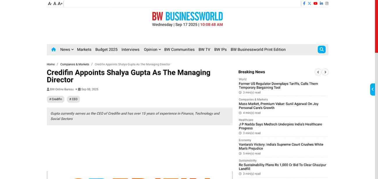 Press coverage by Credifin Appoints Shalya Gupta As The Managing Director