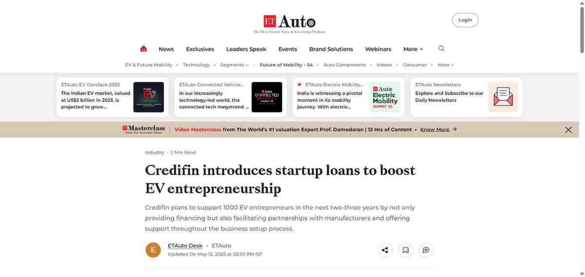 Press coverage by Credifin introduces startup loans to boost EV entrepreneurship