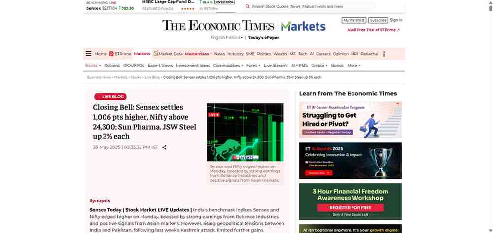 Press coverage by Closing Bell: Sensex settles 1,006 pts higher, Nifty above 24,300; Sun Pharma, JSW Steel up 3% each