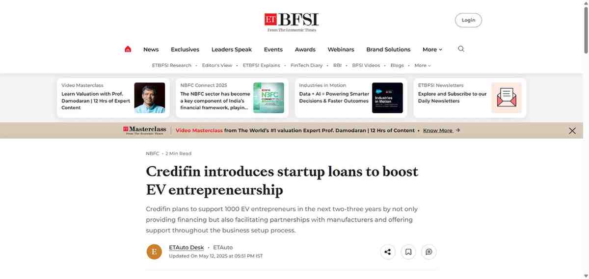 Press coverage by Credifin introduces startup loans to boost EV entrepreneurship