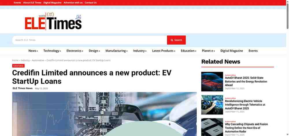 Press coverage by Credifin Limited announces a new product: EV StartUp Loans