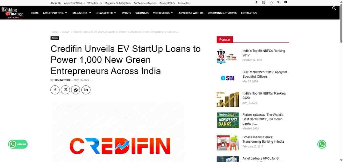 Press coverage by Credifin Unveils EV StartUp Loans to Power 1,000 New Green Entrepreneurs Across India