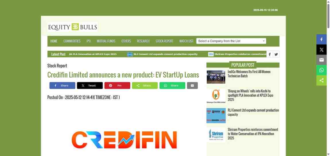 Press coverage by Credifin Limited announces a new product: EV StartUp Loans