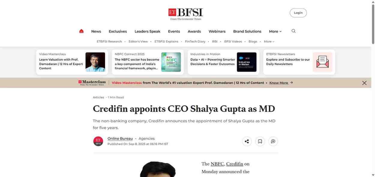 Press coverage by Credifin appoints CEO Shalya Gupta as MD