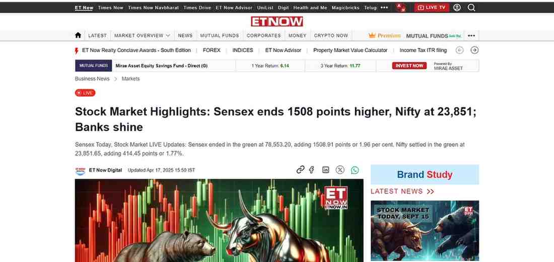Press coverage by Stock Market Highlights: Sensex ends 1508 points higher, Nifty at 23,851; Banks shine