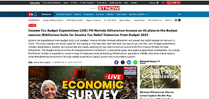 Press coverage by Income Tax Budget Expectations LIVE: FM Nirmala Sitharaman focuses on AI plans in the Budget session; Middleclass looks for Income Tax Relief Tomorrow From Budget 2025
