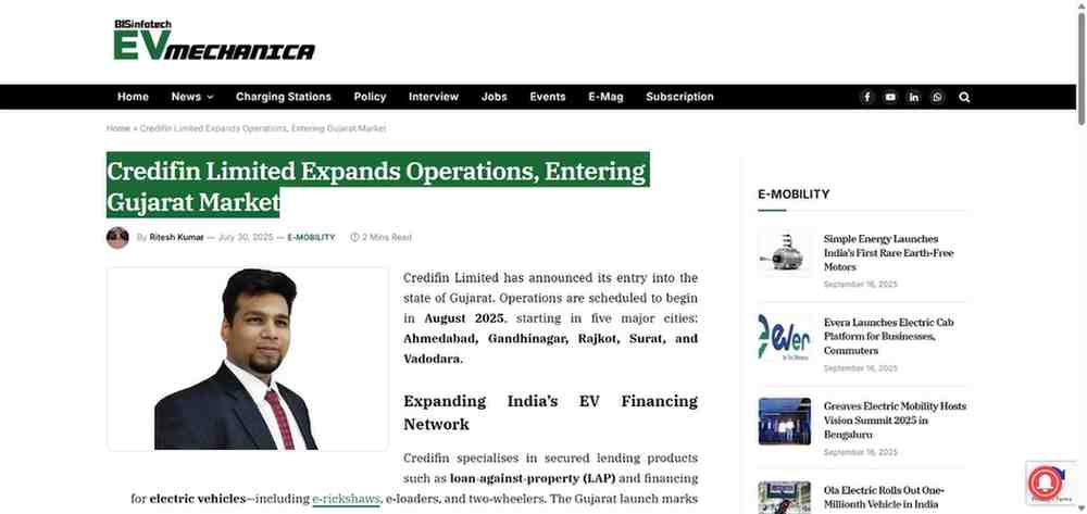 Press coverage by Credifin Limited Expands Operations, Entering Gujarat Market