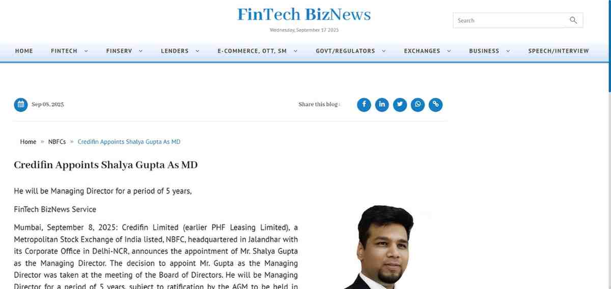 Press coverage by Credifin Appoints Shalya Gupta As MD