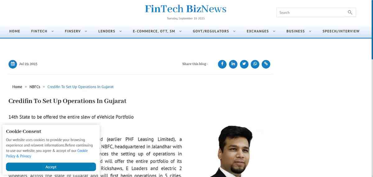 Press coverage by Credifin To Set Up Operations In Gujarat