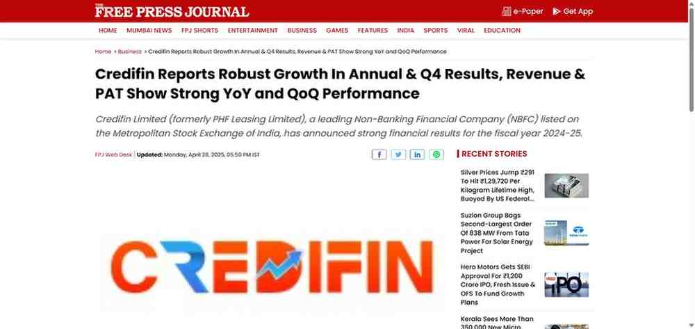 Press coverage by Credifin Reports Robust Growth In Annual & Q4 Results, Revenue & PAT Show Strong YoY and QoQ Performance