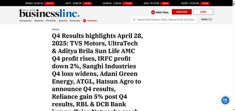 Press coverage by Q4 Results highlights April 28, 2025: TVS Motors, UltraTech & Aditya Brila Sun Life AMC Q4 profit rises, IRFC profit down 2%, Sanghi Industries Q4 loss widens, Adani Green Energy, ATGL, Hatsun Agro to announce Q4 results, Reliance gain 5% post Q4 results, RBL & DCB Bank jumps, Tejas Networks crash