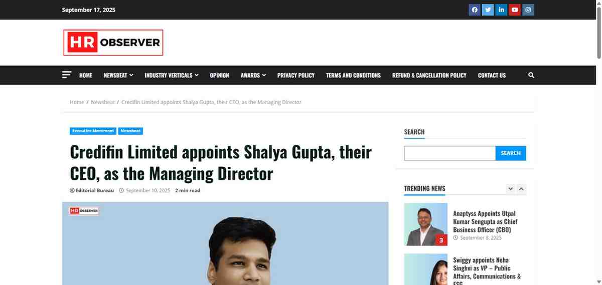 Press coverage by Credifin Limited appoints Shalya Gupta, their CEO, as the Managing Director