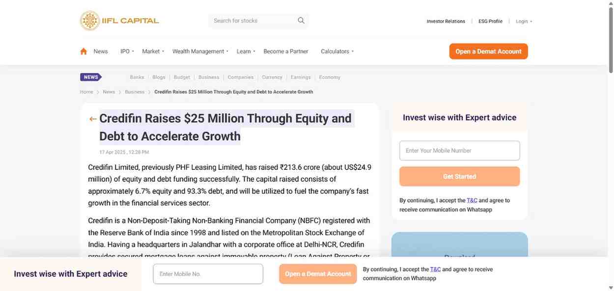 Press coverage by Credifin Raises $25 Million Through Equity and Debt to Accelerate Growth
