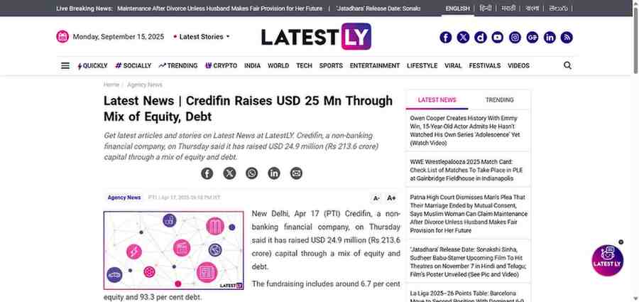 Press coverage by Latest News | Credifin Raises USD 25 Mn Through Mix of Equity, Debt