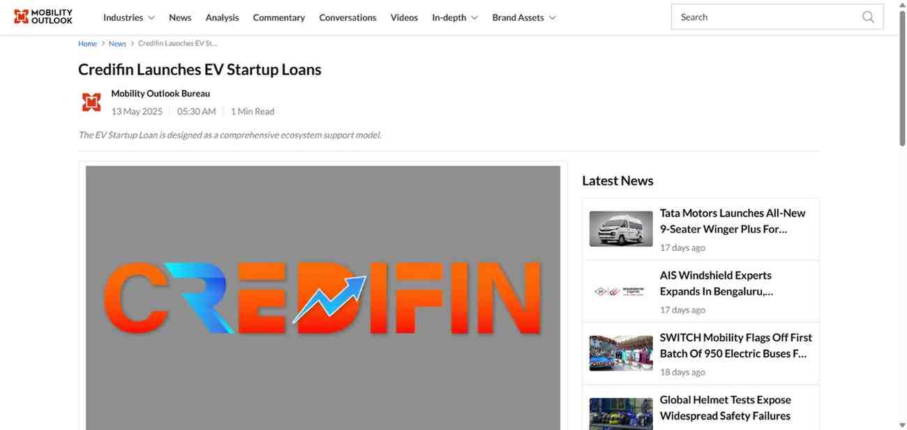 Press coverage by Credifin Launches EV Startup Loans