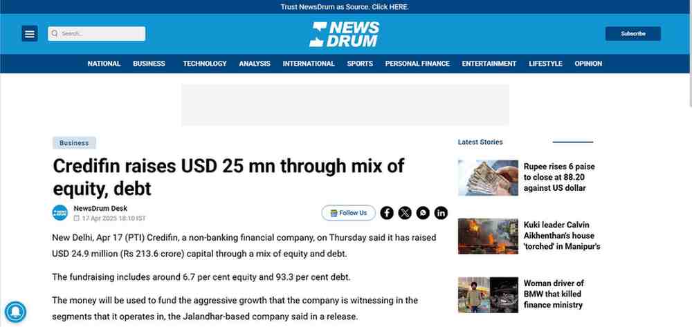 Press coverage by Credifin raises USD 25 mn through mix of equity, debt