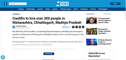 Press coverage by Credifin to hire over 300 people in Maharashtra, Chhattisgarh, Madhya Pradesh